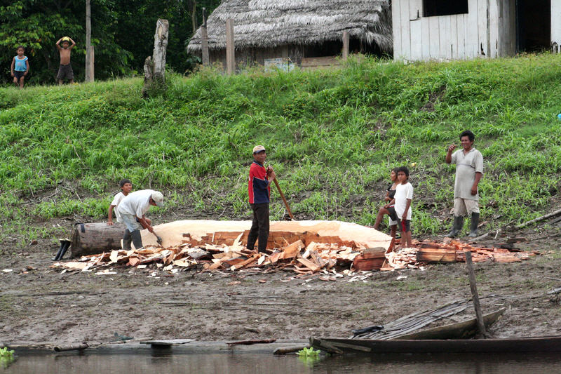 [Image of dugout canoe building]