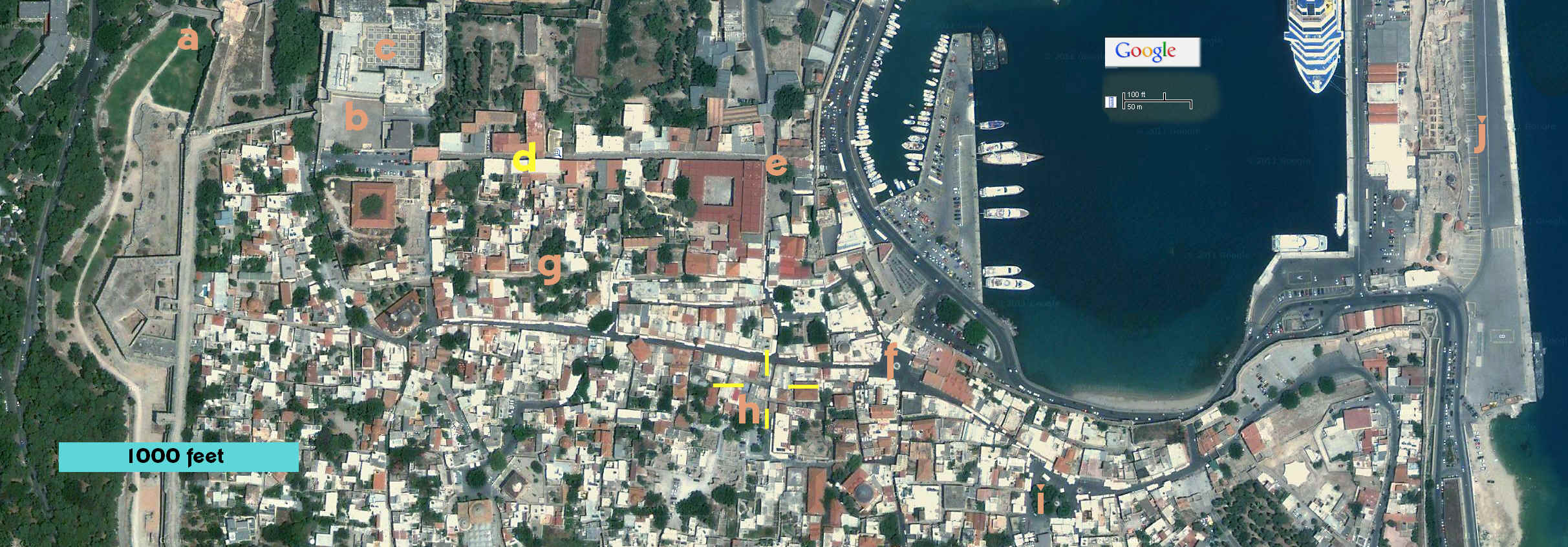 Map of center of Rhodes town, Greece