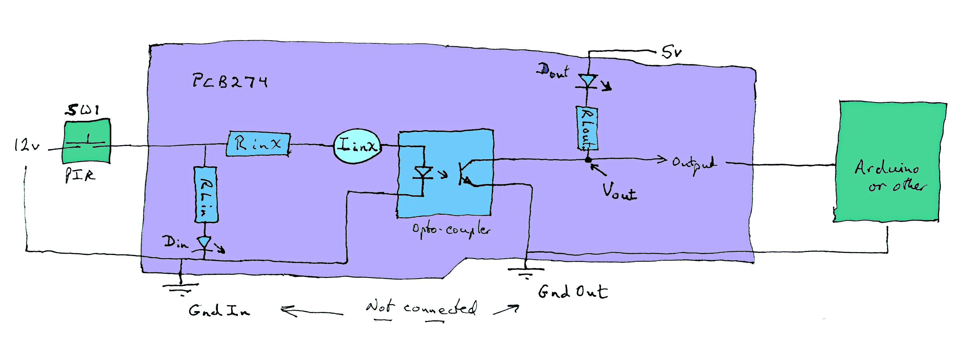 PCB274 (quad optocoupler breakout)- simplified diagram of circuit