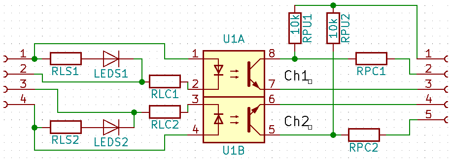 Circuit of printed circuit board for dual optoisolator, optocoupler