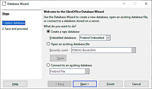 Database wizard screen